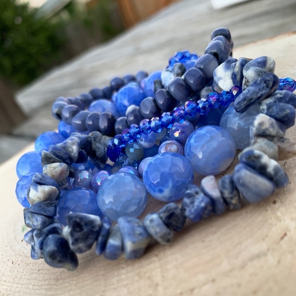 Natural Blue Agate & Kyanite Gemstone Mixed Smooth Round Bead Bracelet Stack - Picture 5 of 12